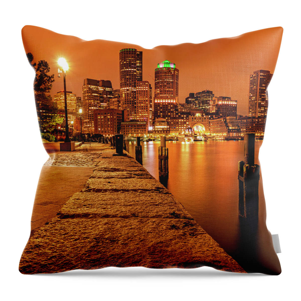 Boston Skyline Throw Pillow featuring the photograph Downtown Boston Skyline Along the Harborwalk at Sunset by Gregory Ballos
