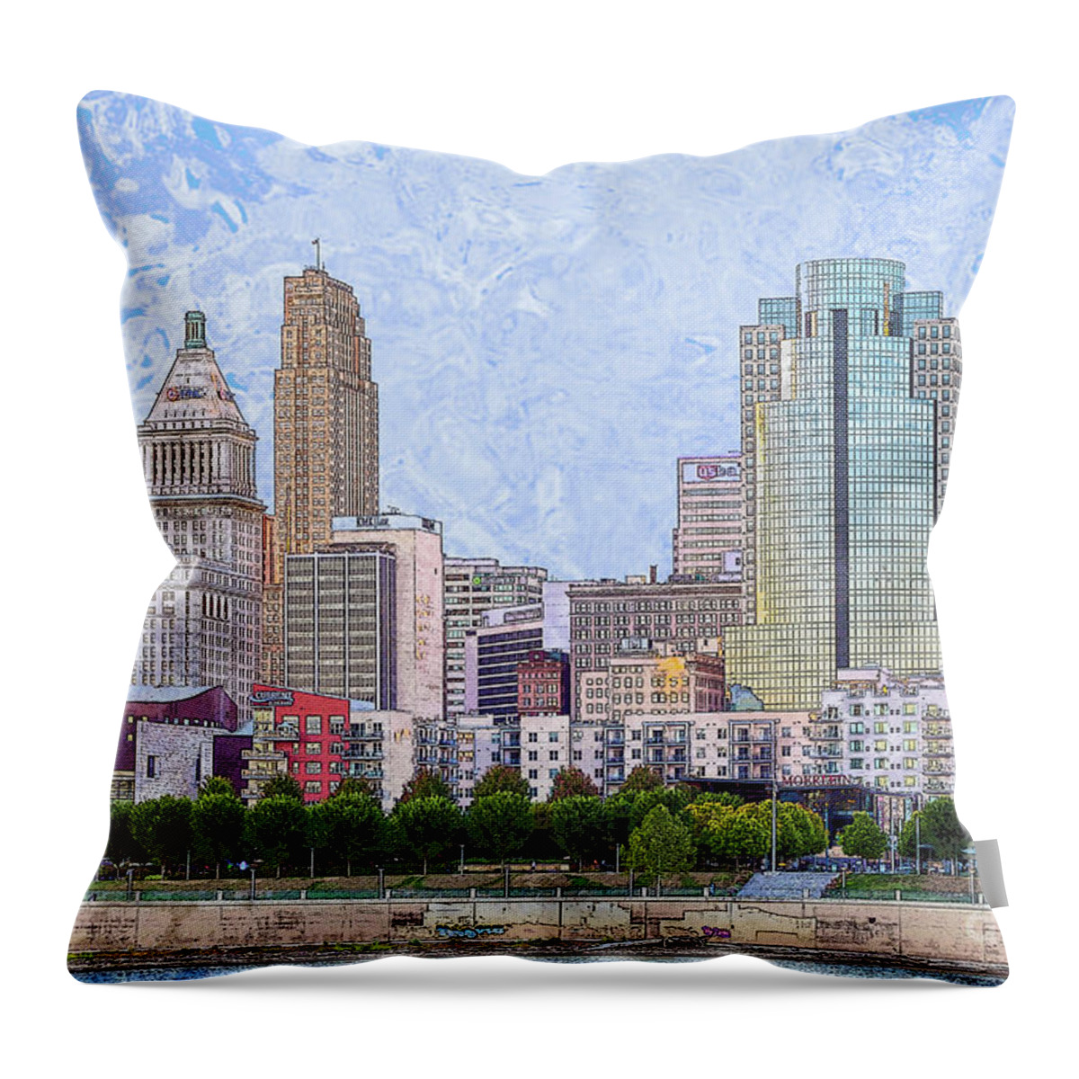 Cincinnati Throw Pillow featuring the digital art Downtown Cincinnati - the Banks by Bentley Davis