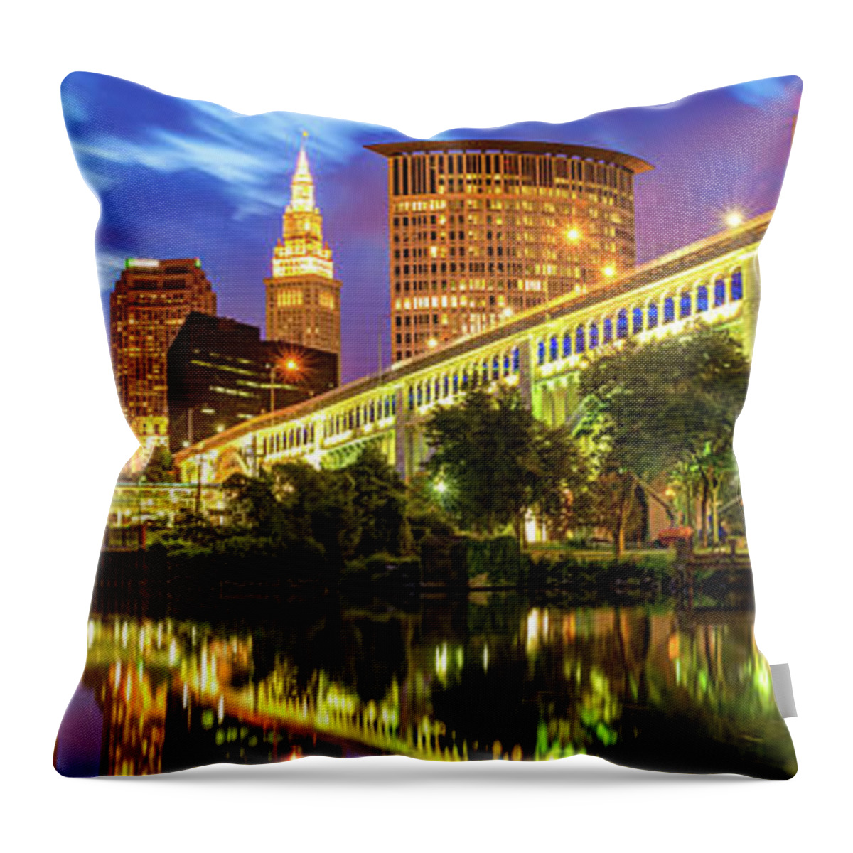 Cleveland Skyline Throw Pillow featuring the photograph Downtown Cleveland Ohio Skyline Panorama by Gregory Ballos