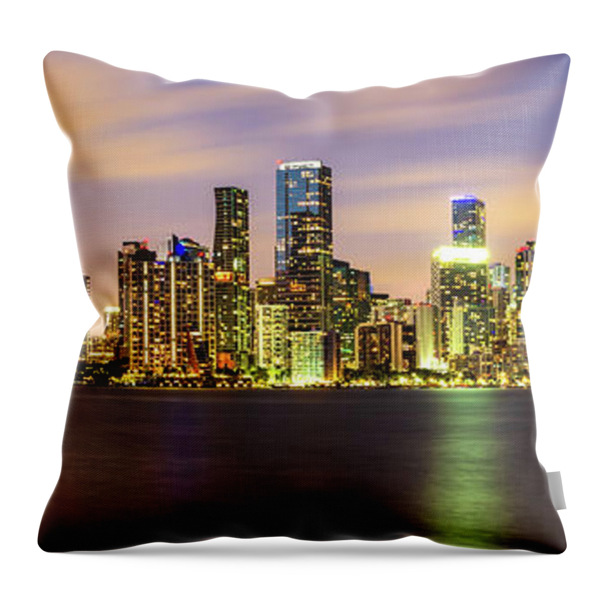 2022 Throw Pillow featuring the photograph Downtown Miami Skyline at Night Panorama Photo by Paul Velgos