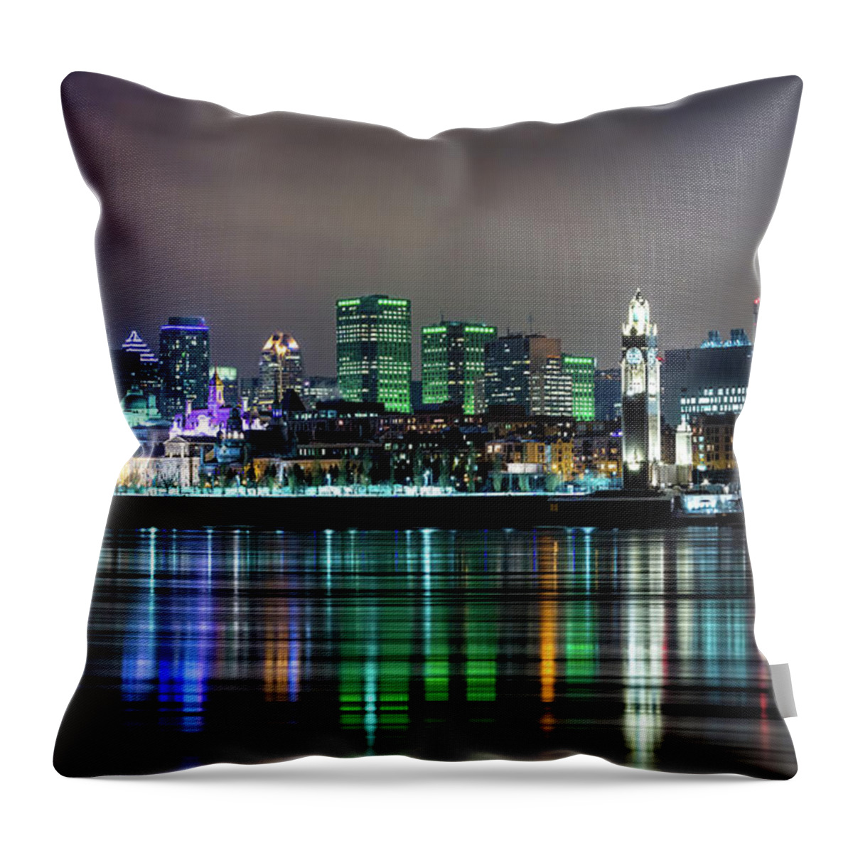 Montreal Throw Pillow featuring the photograph Downtown Montreal in winter. Night shot with reflected city ligh by Jane Rix