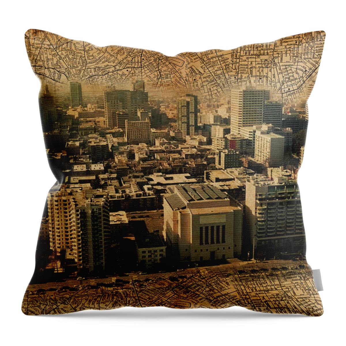 Oakland Throw Pillow featuring the digital art Downtown Oakland skyline blended with an 1938 map of the city, and printed on old paper texture by Nicko Prints