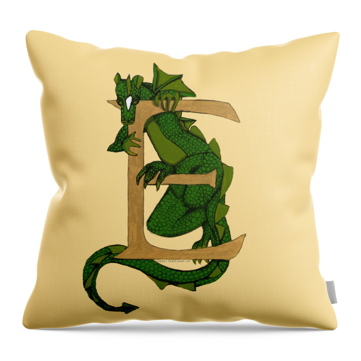 Dragon Throw Pillow featuring the mixed media Dragon Letter E no roses by Donna Huntriss