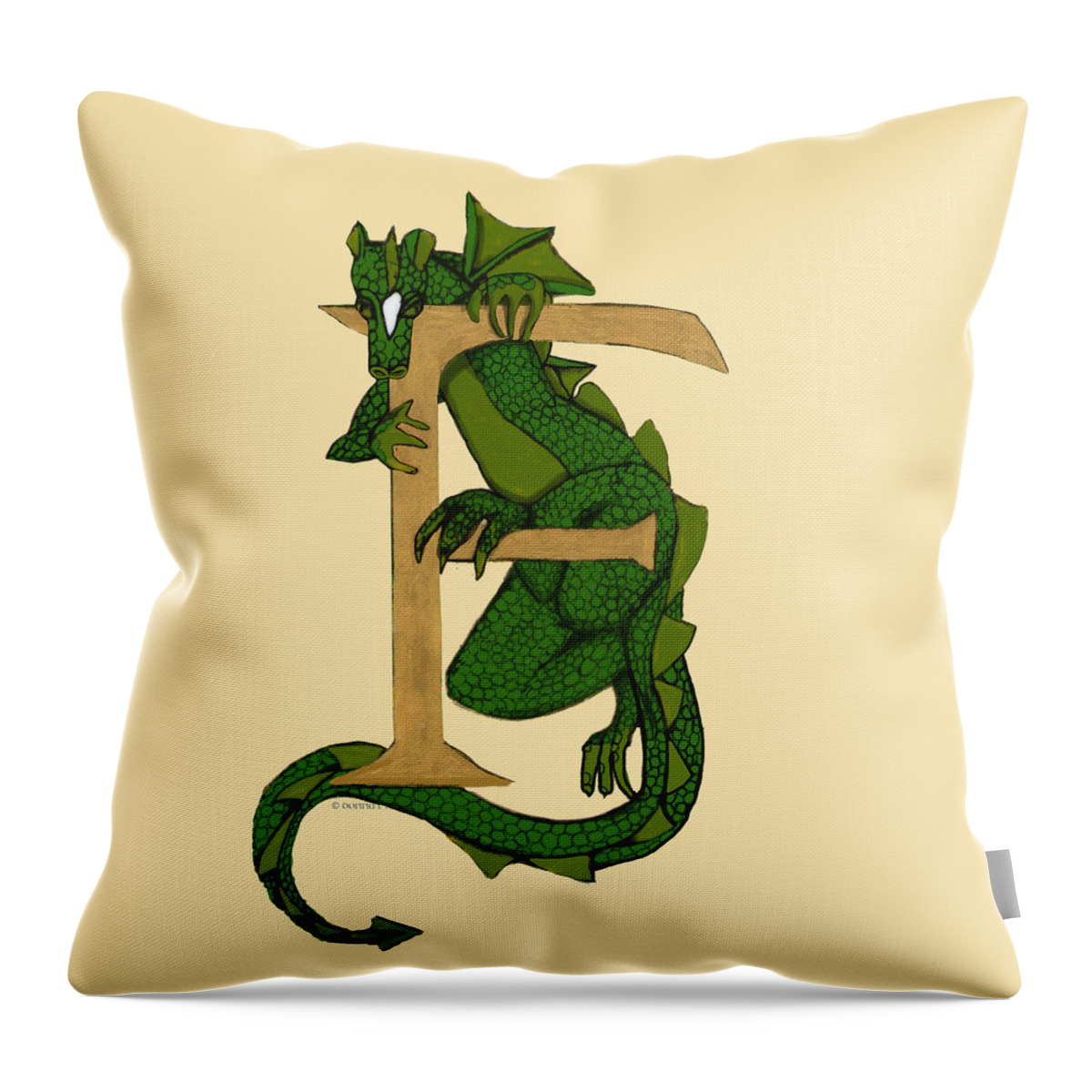 Dragon Throw Pillow featuring the mixed media Dragon Letter F no roses by Donna Huntriss
