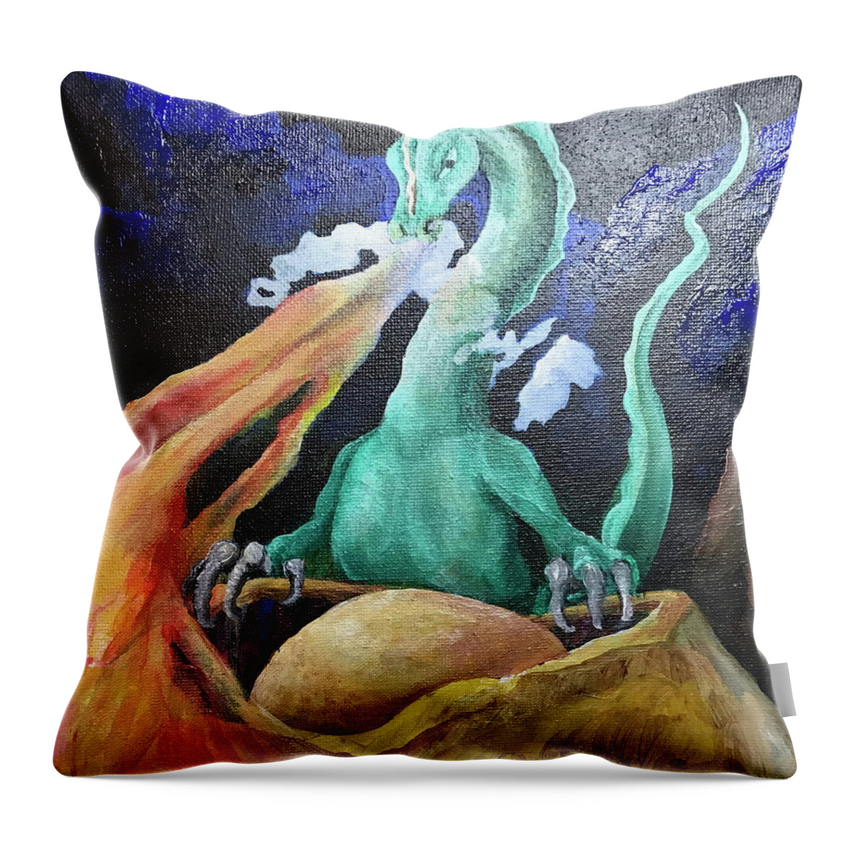 Dragon Throw Pillow featuring the painting Dragon tending egg by Teresamarie Yawn