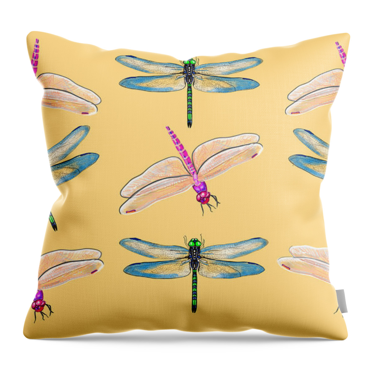 Dragonflies Throw Pillow featuring the mixed media Dragonflies in Sunset by Judy Cuddehe