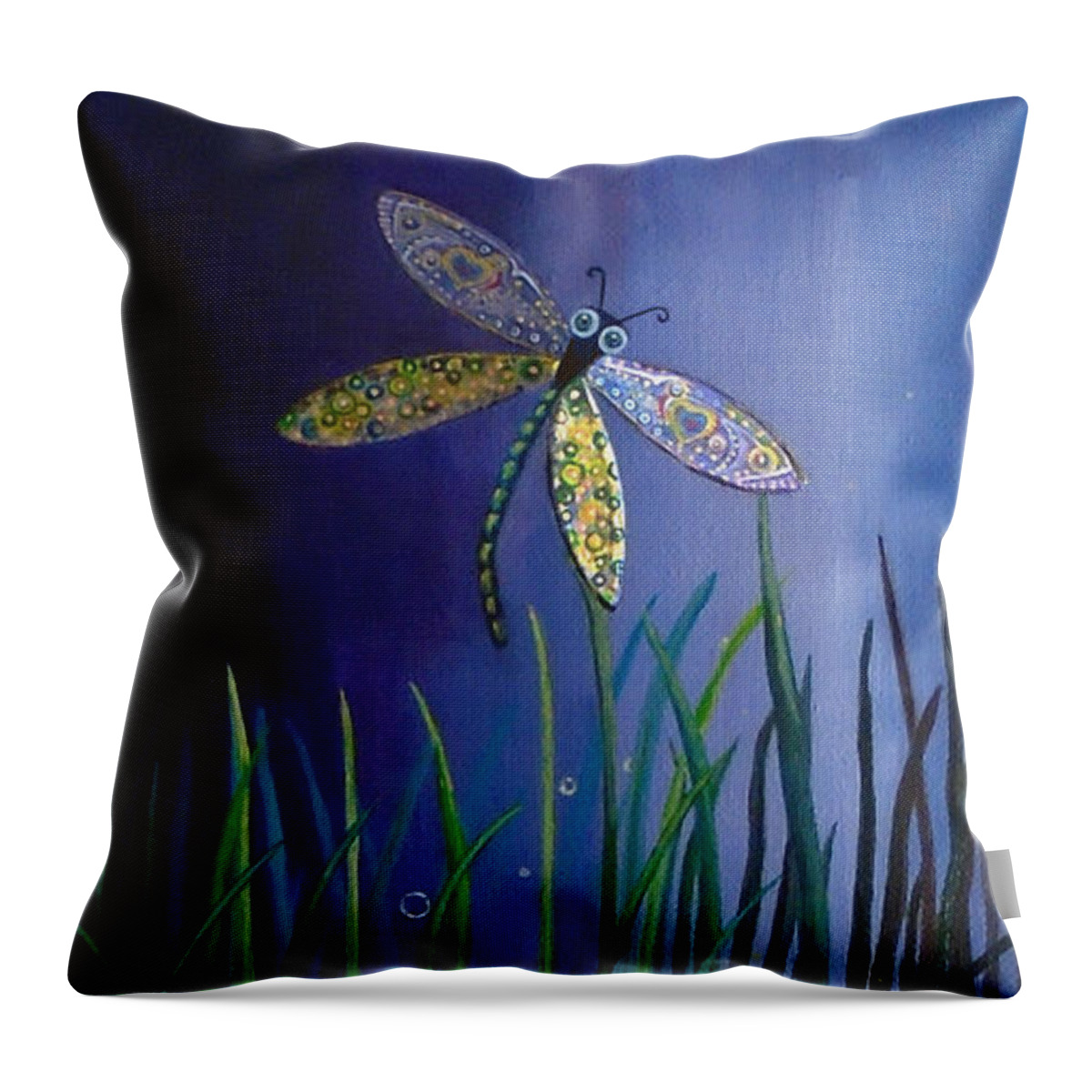 Dragonfly Throw Pillow featuring the painting Dragonfly at the Bay II by Mindy Huntress