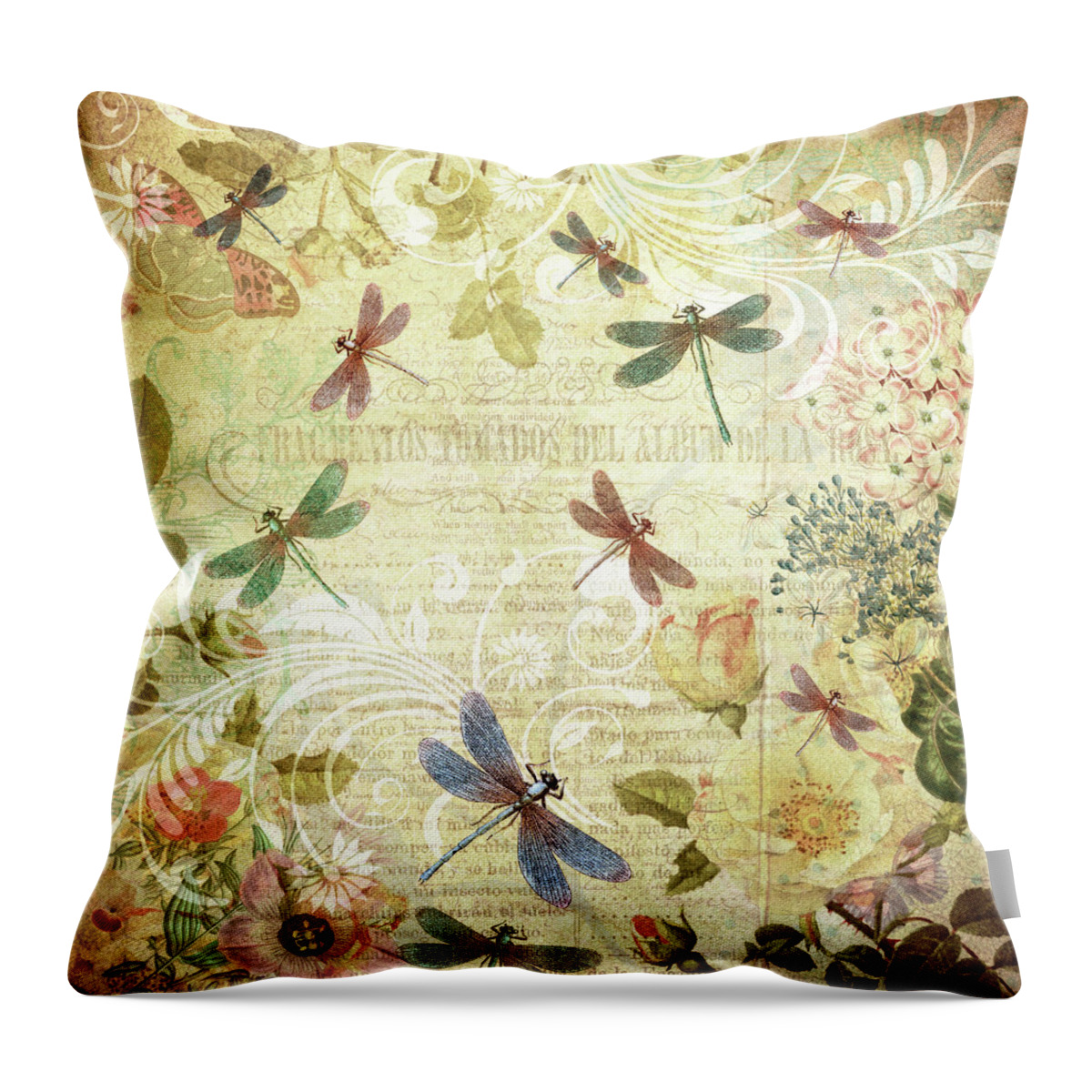 Dragonflies Throw Pillow featuring the mixed media Dragonfly Dreams - Antiqued by Peggy Collins