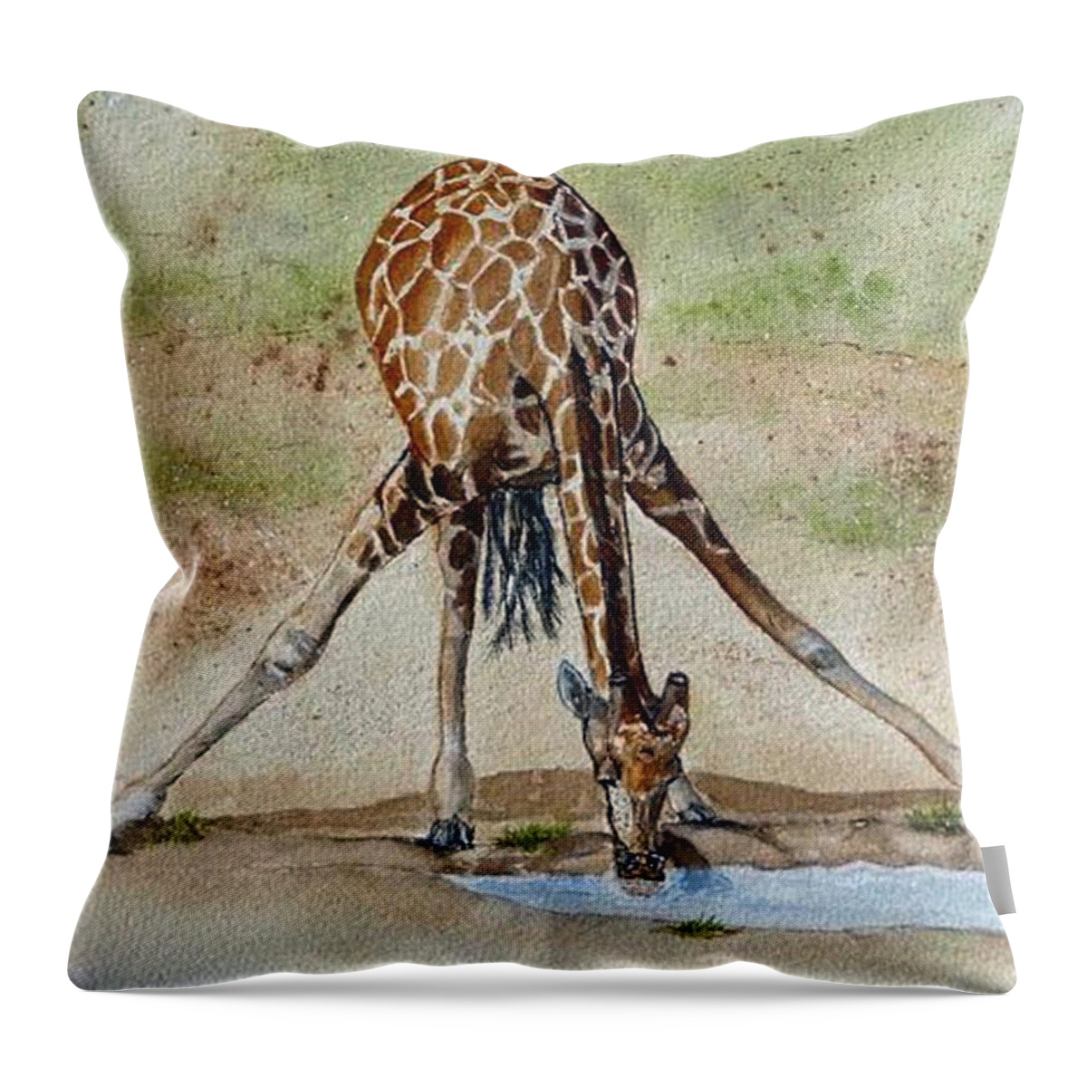 Giraffe Throw Pillow featuring the painting Drinking Giraffe by Kelly Mills