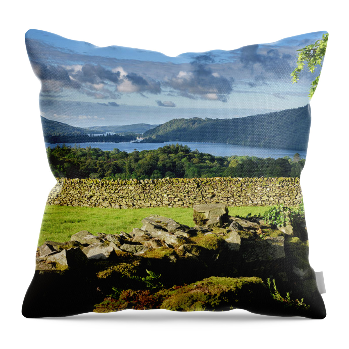 Drystone Throw Pillow featuring the photograph Drystone fences in morning light near Troutbeck overlooking Wind by Reimar Gaertner