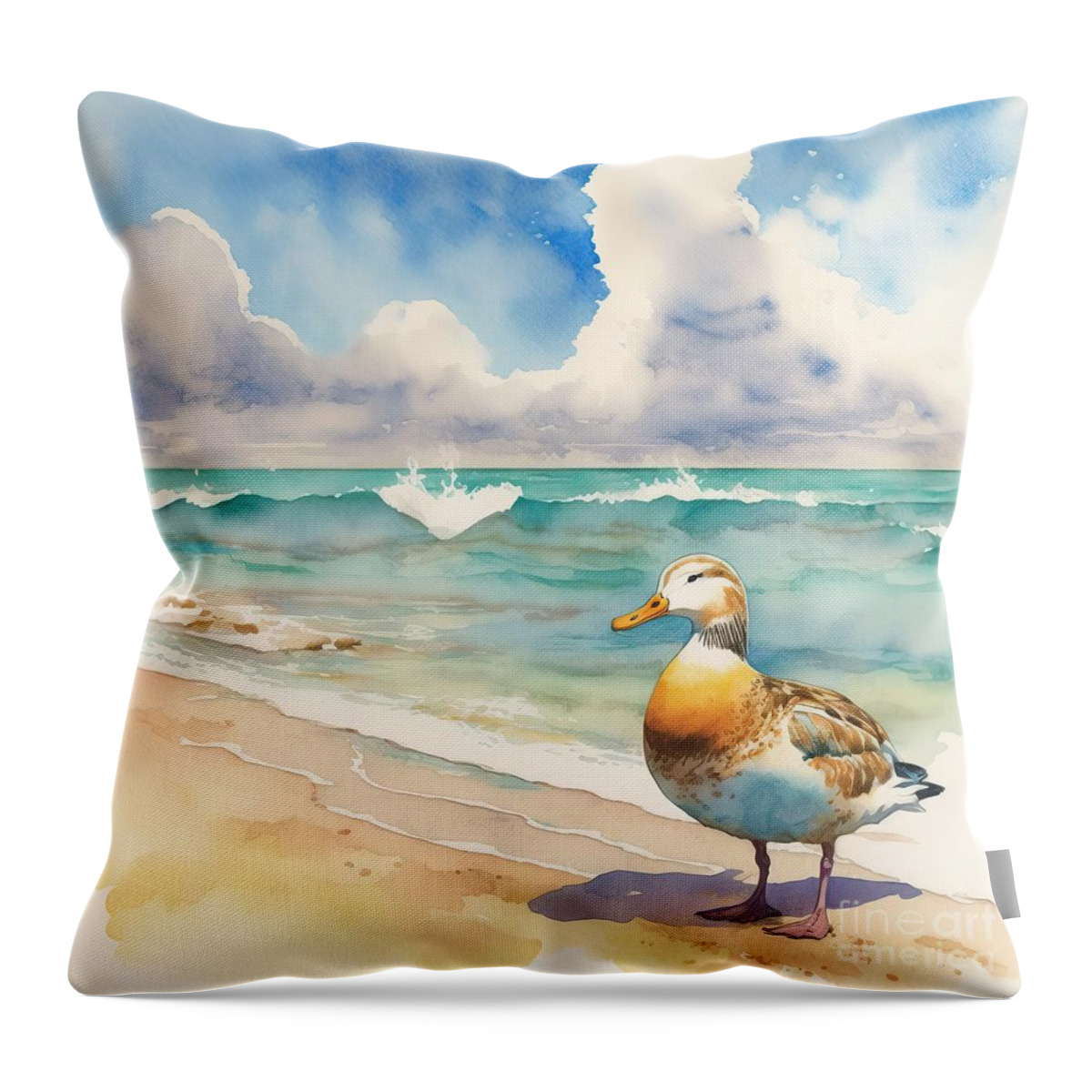 Mythology Throw Pillow featuring the painting Duck At Beach by N Akkash
