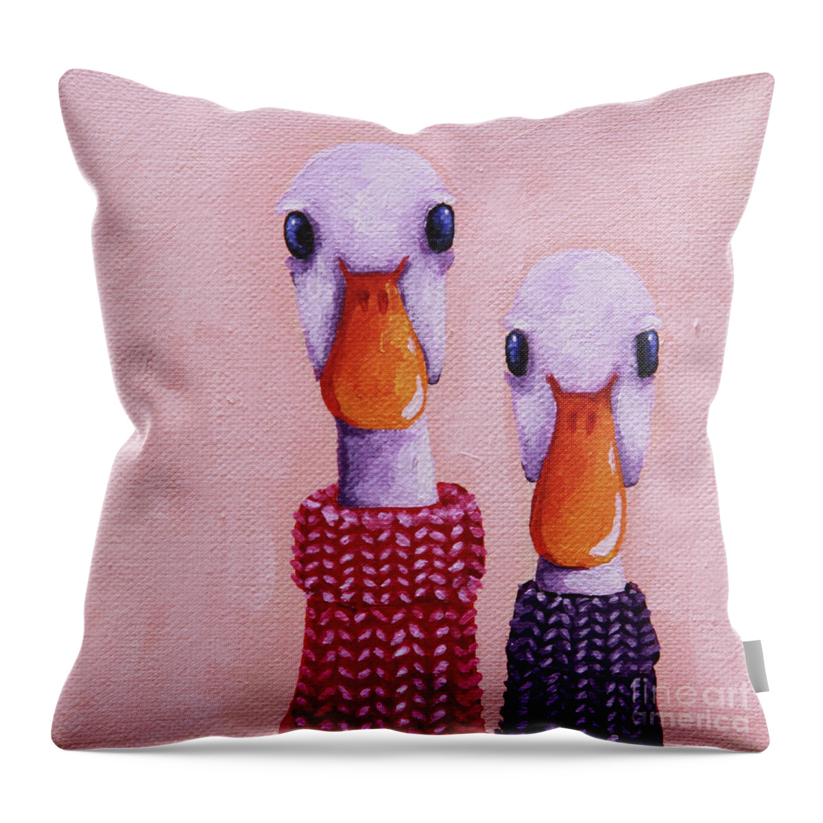 Duck Throw Pillow featuring the painting Ducks in Jumpers by Lucia Stewart