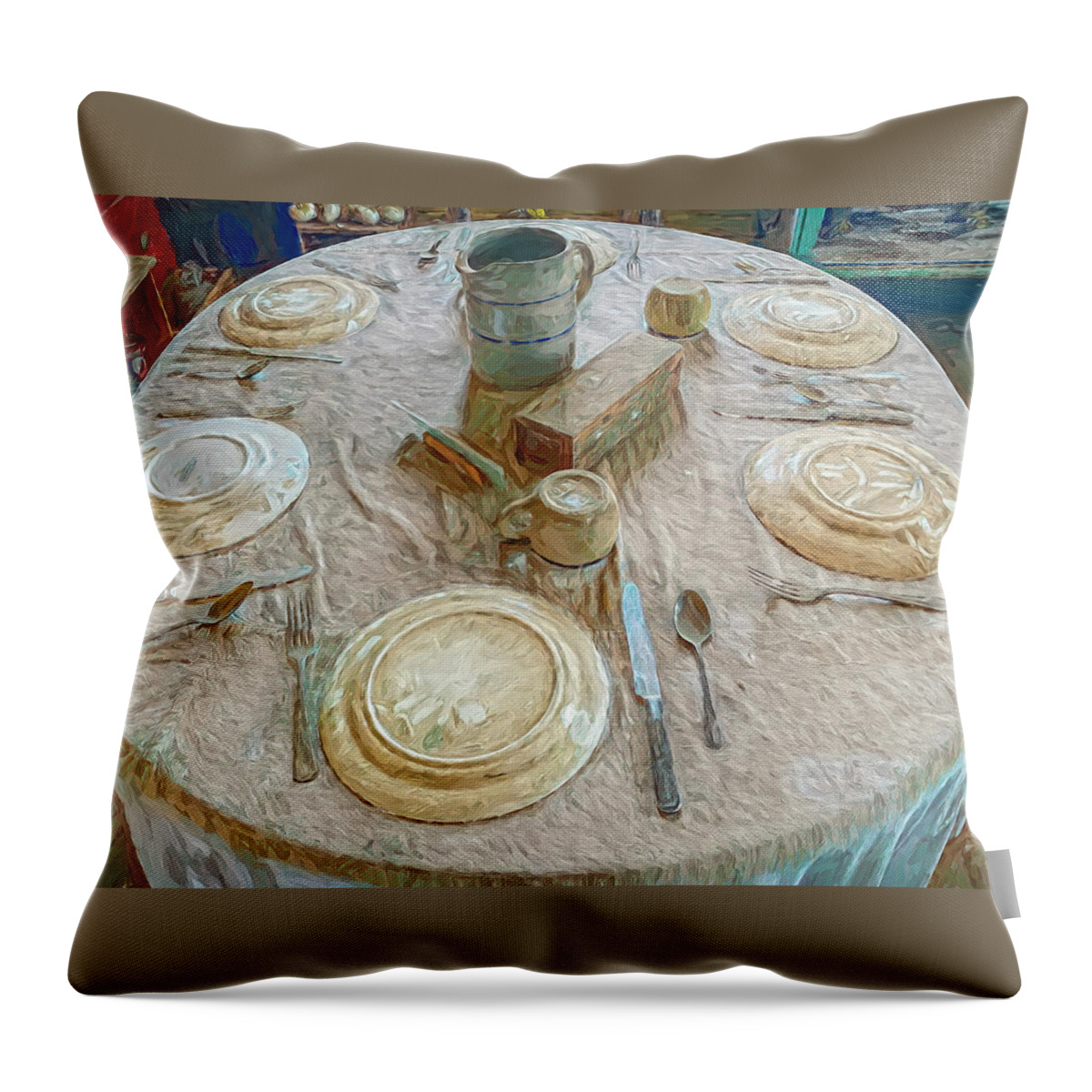 Boise City Throw Pillow featuring the photograph Dust Bowl Dinner Table by Debra Martz