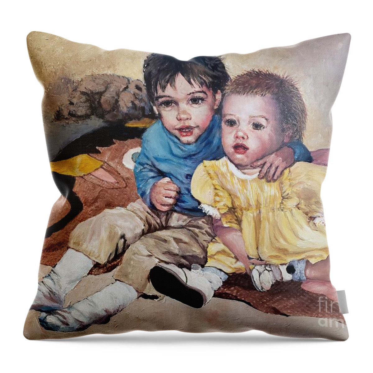 Children Throw Pillow featuring the painting Dynamic Duo by Merana Cadorette