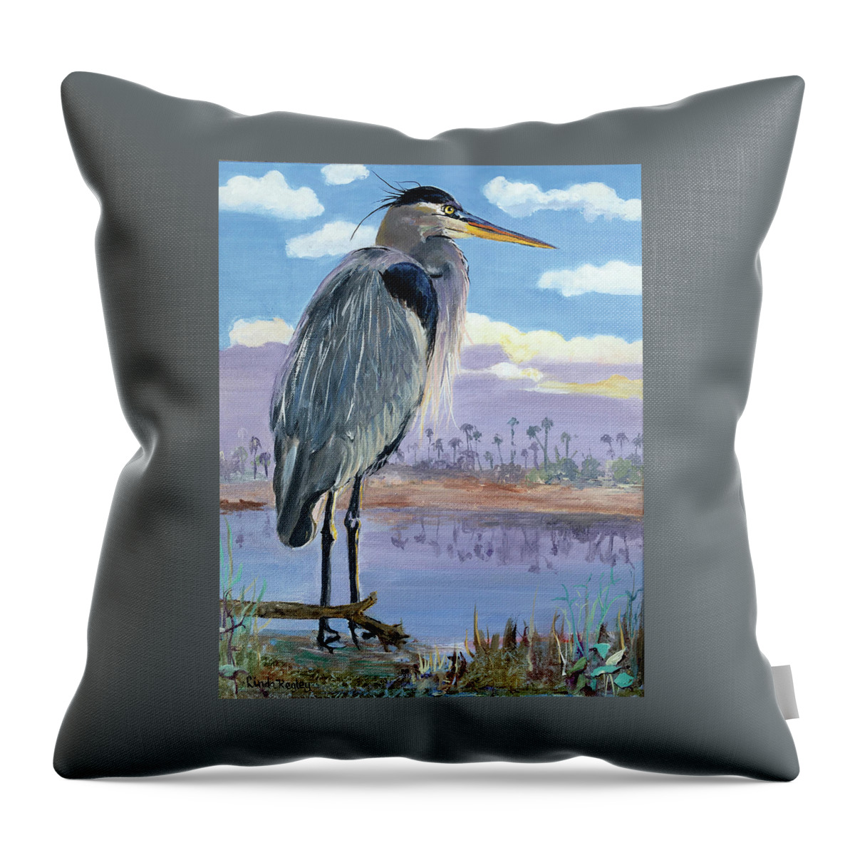 Great Blue Heron Throw Pillow featuring the painting Early Riser by Linda Kegley