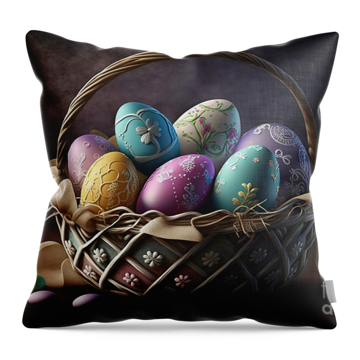 Easter Throw Pillow featuring the digital art Easter Elegance, A Photorealistic Basket Brimming with Colorful Eggs by Jeff Creation