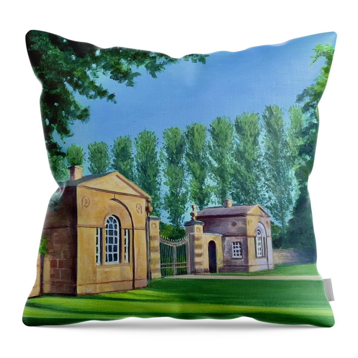 Easton Neston Lodges Throw Pillow featuring the painting Easton Neston Lodges by Caroline Swan