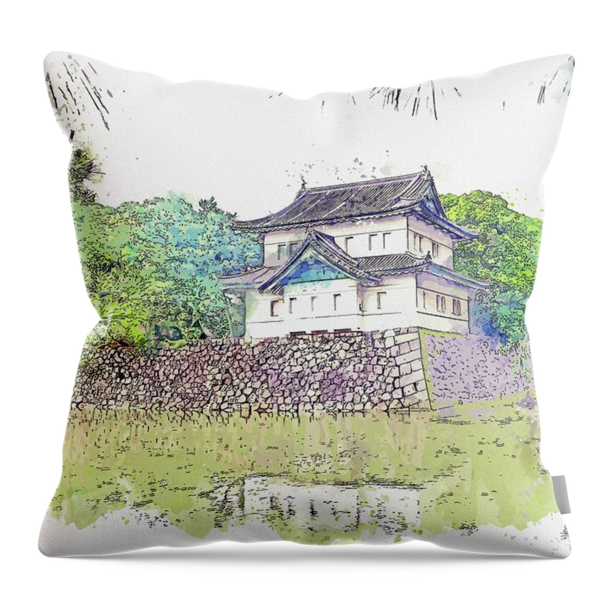 Cityscape Throw Pillow featuring the painting .Edo Castle, also known as Chiyoda Castle, Tokyo, Japan by Celestial Images