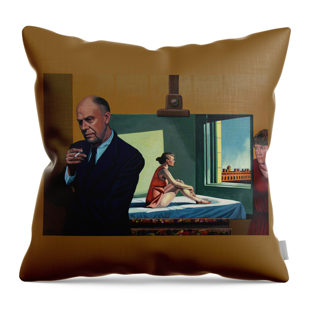 Hopper Throw Pillow featuring the painting Edward Hopper with Morning Sun Painting by Paul Meijering