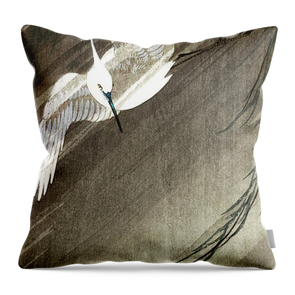 Bird Throw Pillow featuring the painting Egret in storm by Ohara Koson