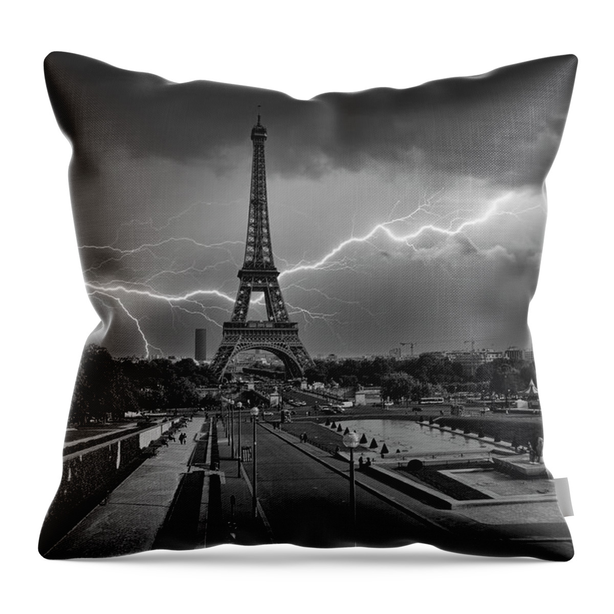 Paris Throw Pillow featuring the photograph Eiffel Tower Lightning Paris BW by Chuck Kuhn