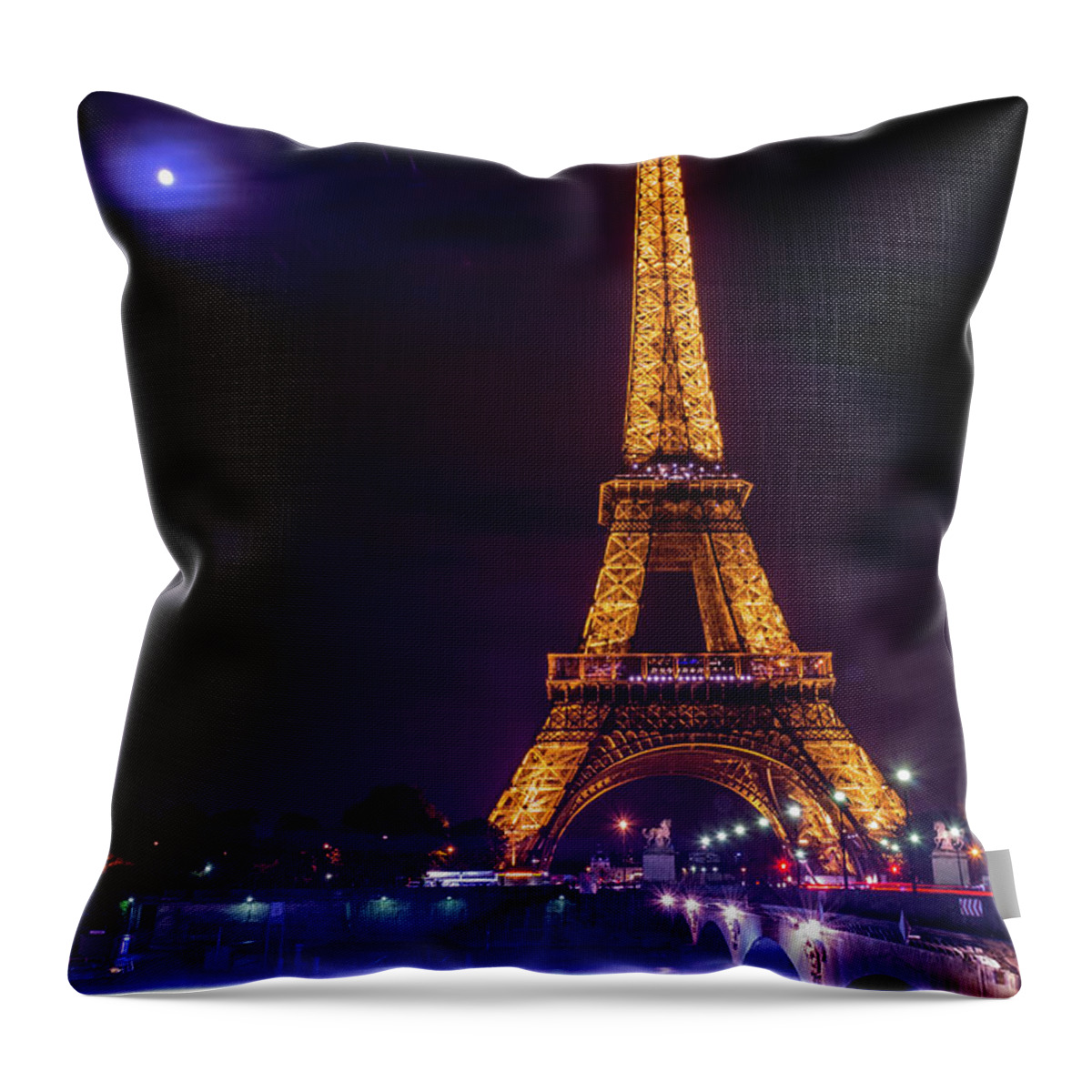 Eiffel Tower Throw Pillow featuring the photograph Eiffle tower and the moon in Paris by Andrew Lalchan