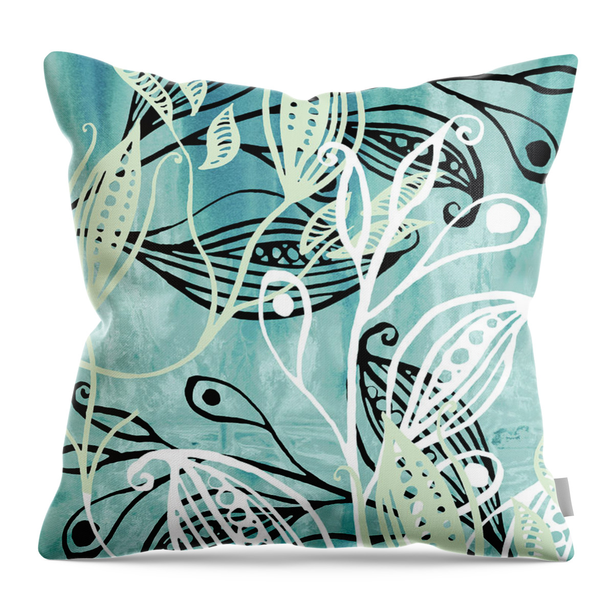 Pods Throw Pillow featuring the painting Elegant Pods And Seeds Pattern With Leaves Teal Blue Watercolor IV by Irina Sztukowski