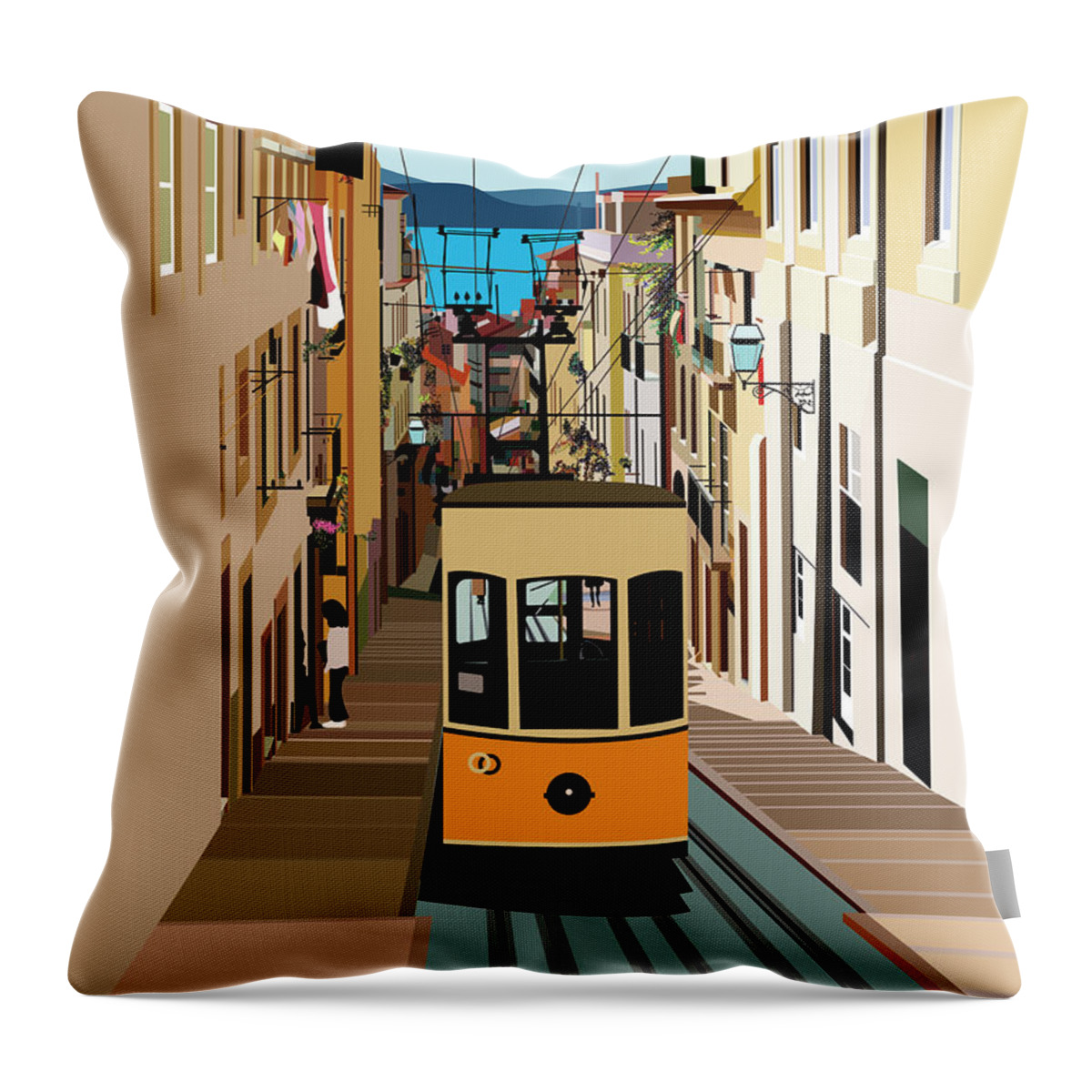 Covid-19 Throw Pillow featuring the digital art Elevador da Bica-Lisbon Portugal by Isabel Salvador