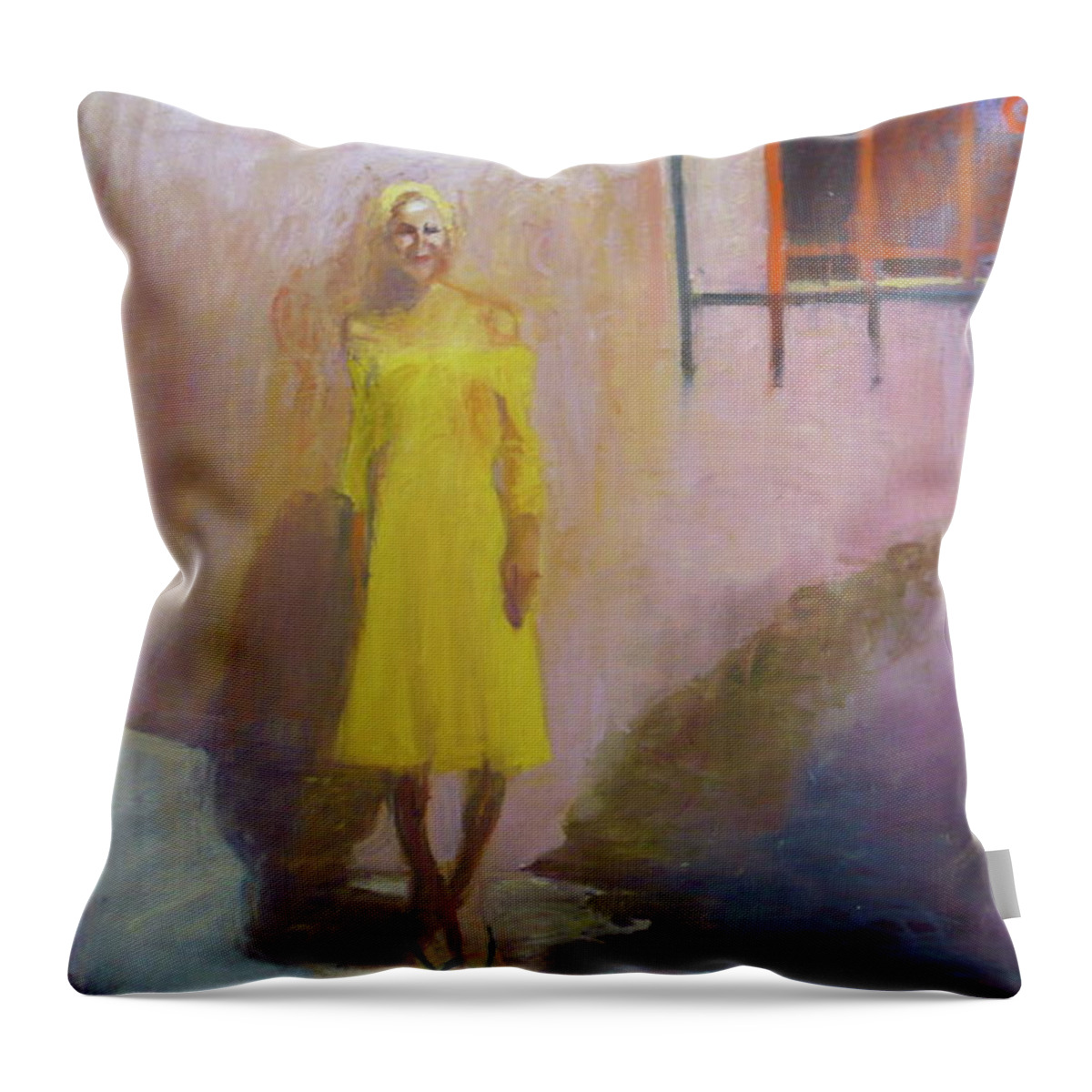 Yellow Dress Throw Pillow featuring the painting Elle by Galya Tarmu