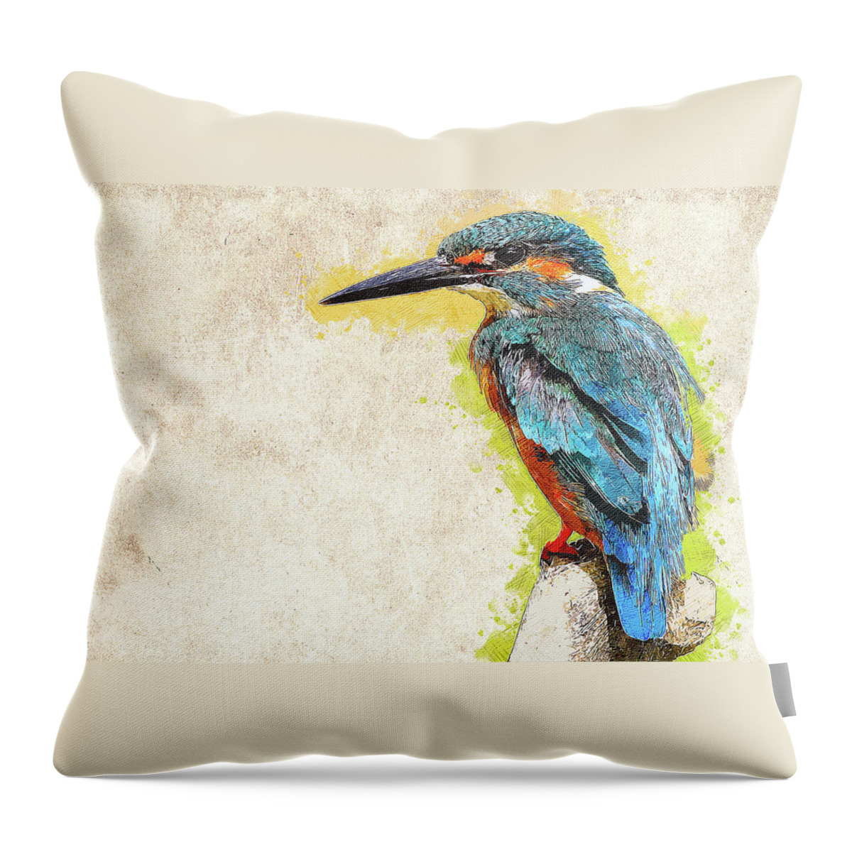 Common Throw Pillow featuring the painting Emerald Blue Common Kingfisher by Custom Pet Portrait Art Studio