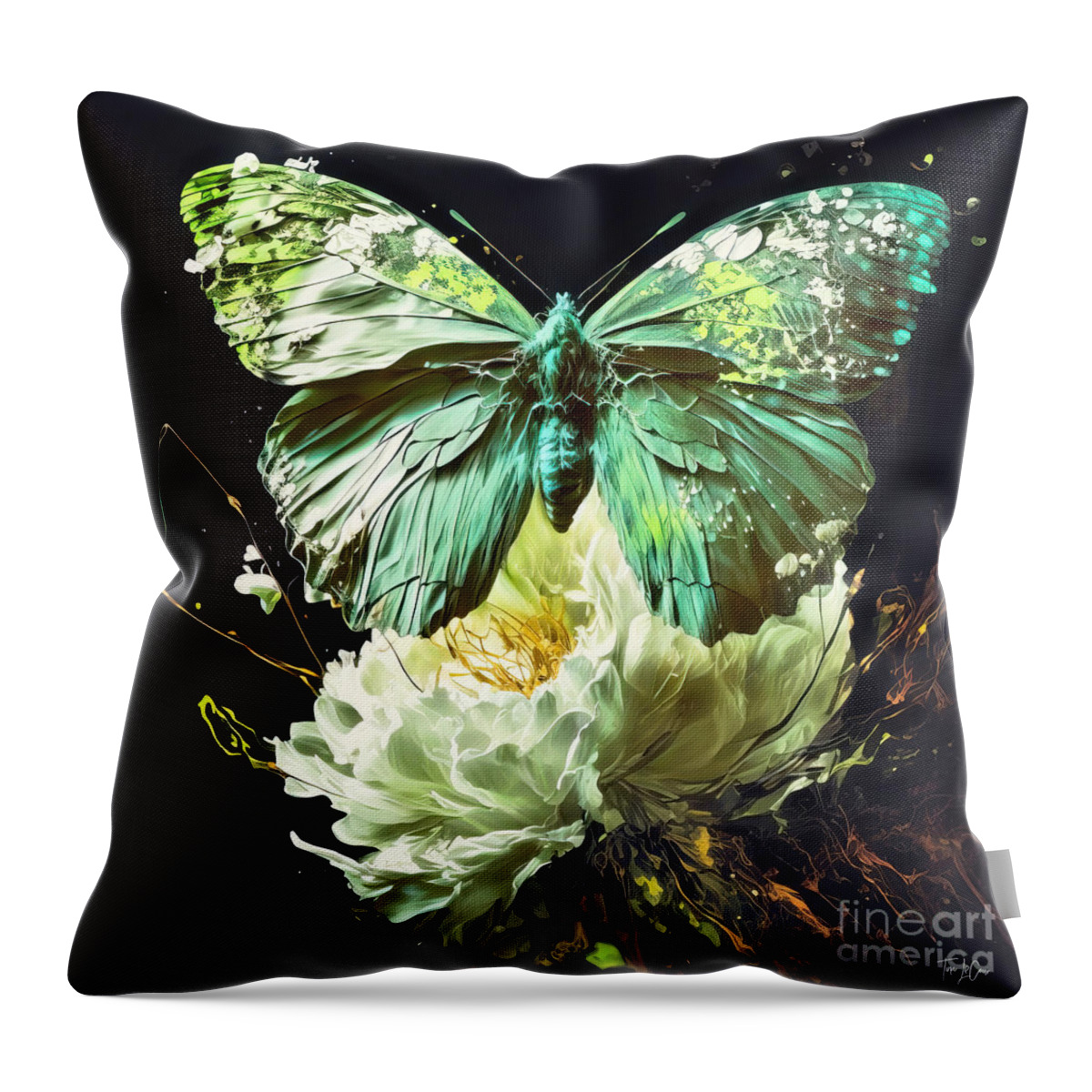  Butterfly Throw Pillow featuring the painting Emerald Butterfly Explosion by Tina LeCour