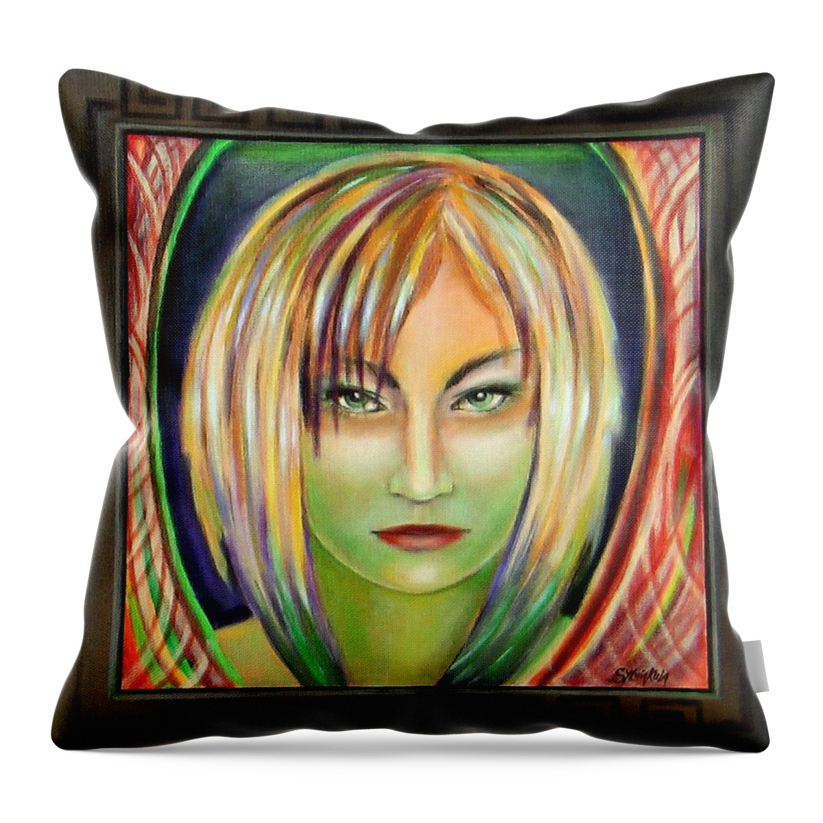 Woman Throw Pillow featuring the painting Emerald Girl by Sylvia Kula