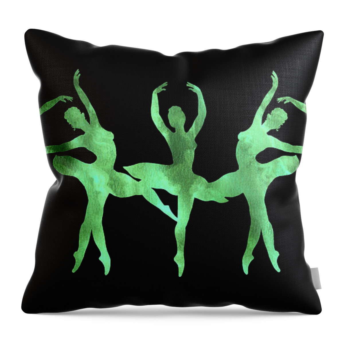 Ballerina Throw Pillow featuring the painting Emerald Green Watercolor Ballerinas Silhouette On Black by Irina Sztukowski