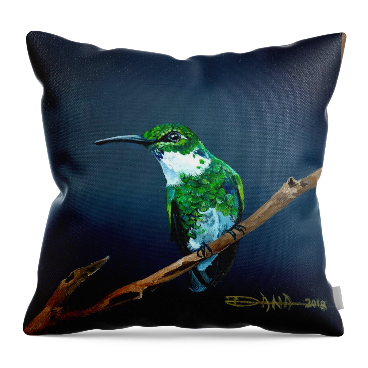 Birds Throw Pillow featuring the painting Emerald Hummer by Dana Newman