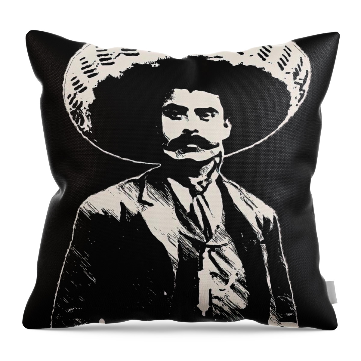  Cool Throw Pillow featuring the painting Emiliano Zapata bichrome black cremewhite by Graham Arthur
