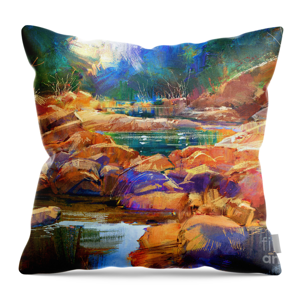 Abstract Throw Pillow featuring the painting Enchanted Creek by Tithi Luadthong