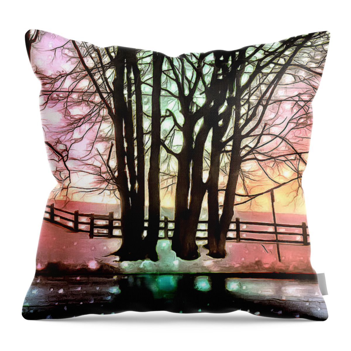 Snow Throw Pillow featuring the photograph Enchanted Snowy Delaware Hillside and Fence by Sea Change Vibes