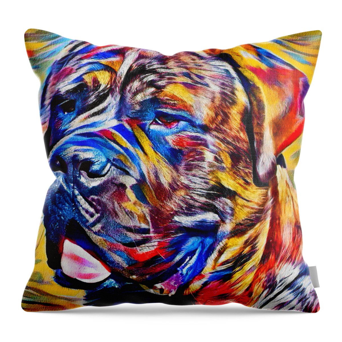 English Mastiff Throw Pillow featuring the digital art English Mastiff head close-up - colorful zebra pattern painting by Nicko Prints