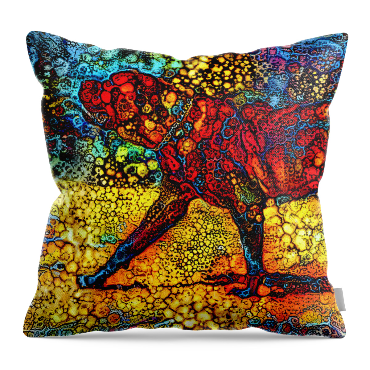 English Mastiff Throw Pillow featuring the digital art English Mastiff waiting for a treat - colorful abstract painting in blue, yellow and red by Nicko Prints