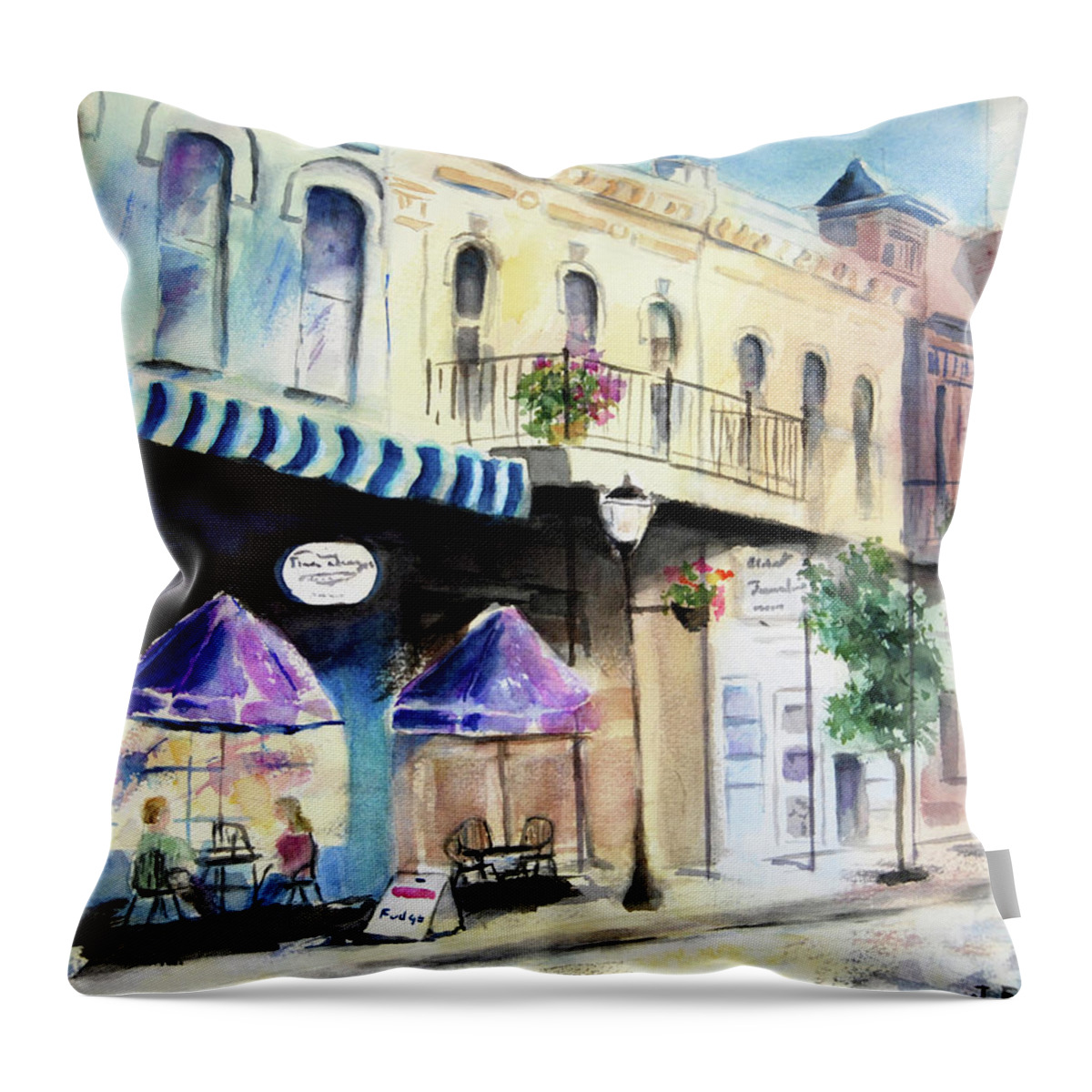 Cityscape Throw Pillow featuring the painting Enjoying Dauphin Street by Jerry Fair
