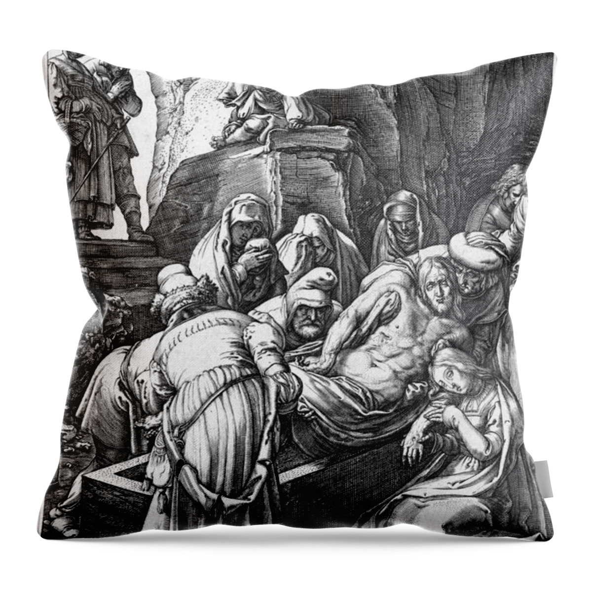 1607 Throw Pillow featuring the drawing Entombment of Christ by Hendrick Goltzius