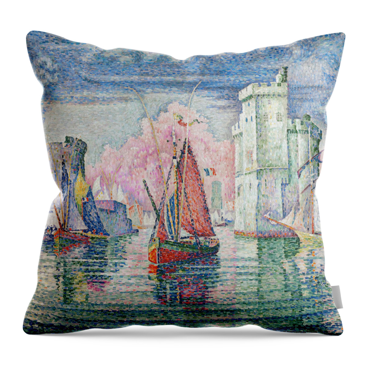 Entrance Throw Pillow featuring the painting Entrance to the port of La Rochelle by Paul Signac by Mango Art