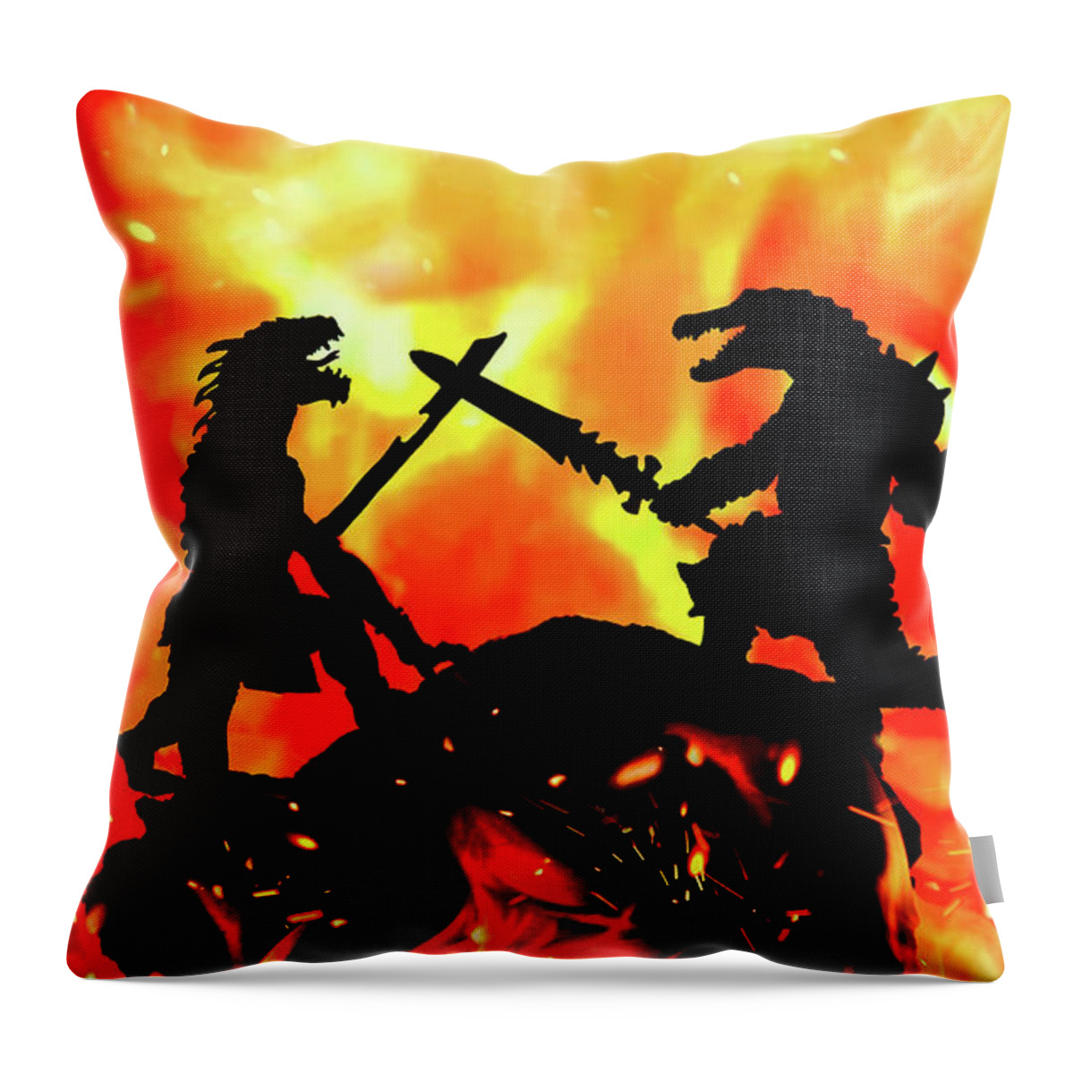 Fantasy Throw Pillow featuring the photograph Epic Fantasy Dragon and Lizard Fight by Ali Nasser
