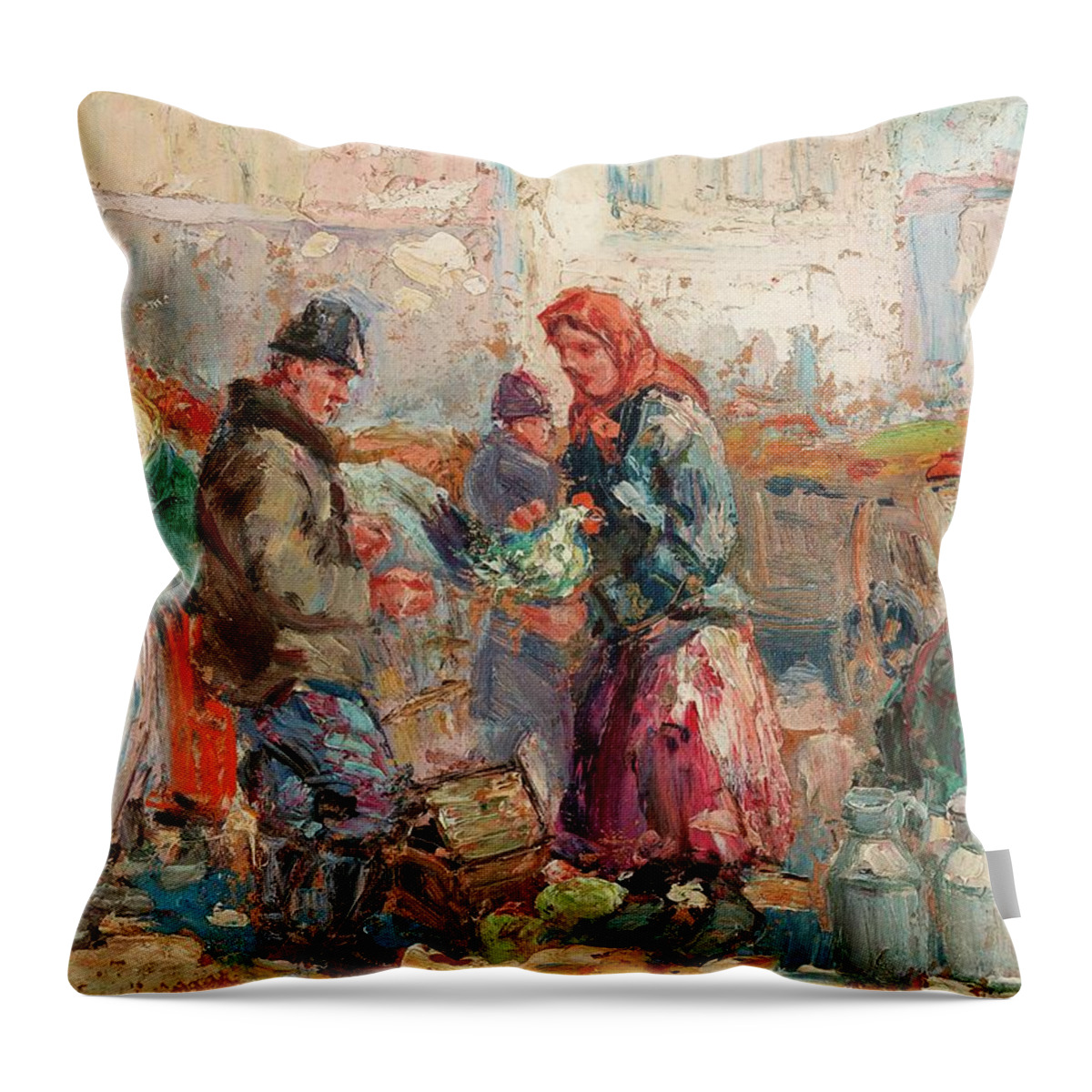 Erno Erb Lemberg 1878 To 1943 At The Market Throw Pillow featuring the painting Erno Erb Lemberg 1878 to 1943 At the Market, by MotionAge Designs