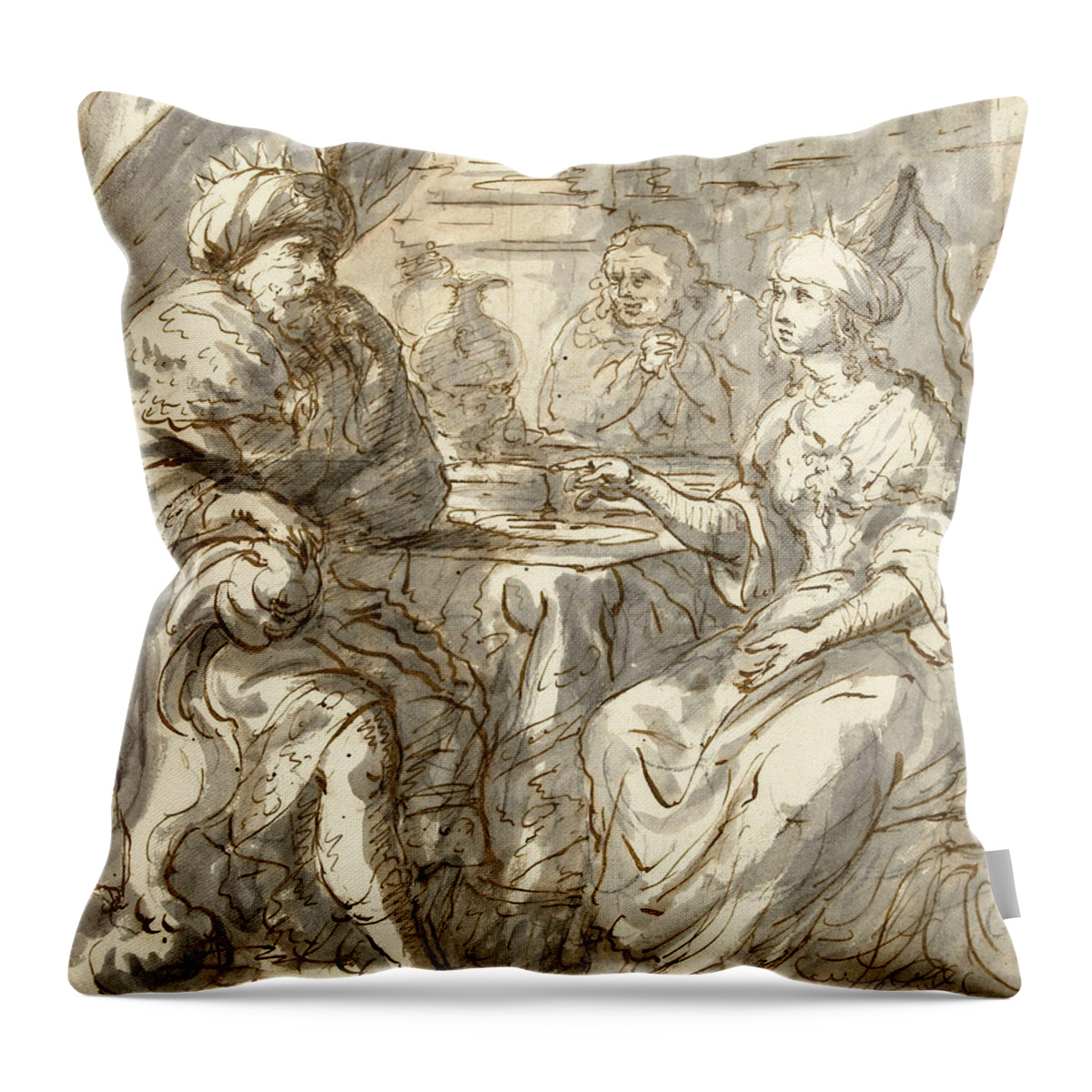 Zacharias Blijhooft Throw Pillow featuring the drawing Esther's Banquet by Zacharias Blijhooft