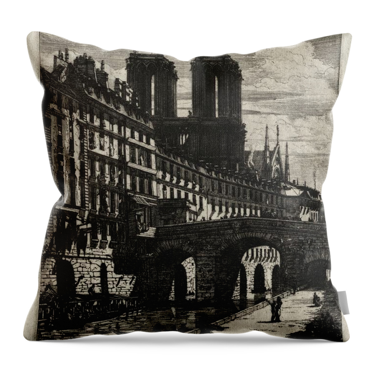 Etchings Of Paris Le Petit Pont 1850 Charles Meryon Etching Throw Pillow featuring the painting Etchings of Paris Le Petit Pont 1850 Charles Meryon by MotionAge Designs