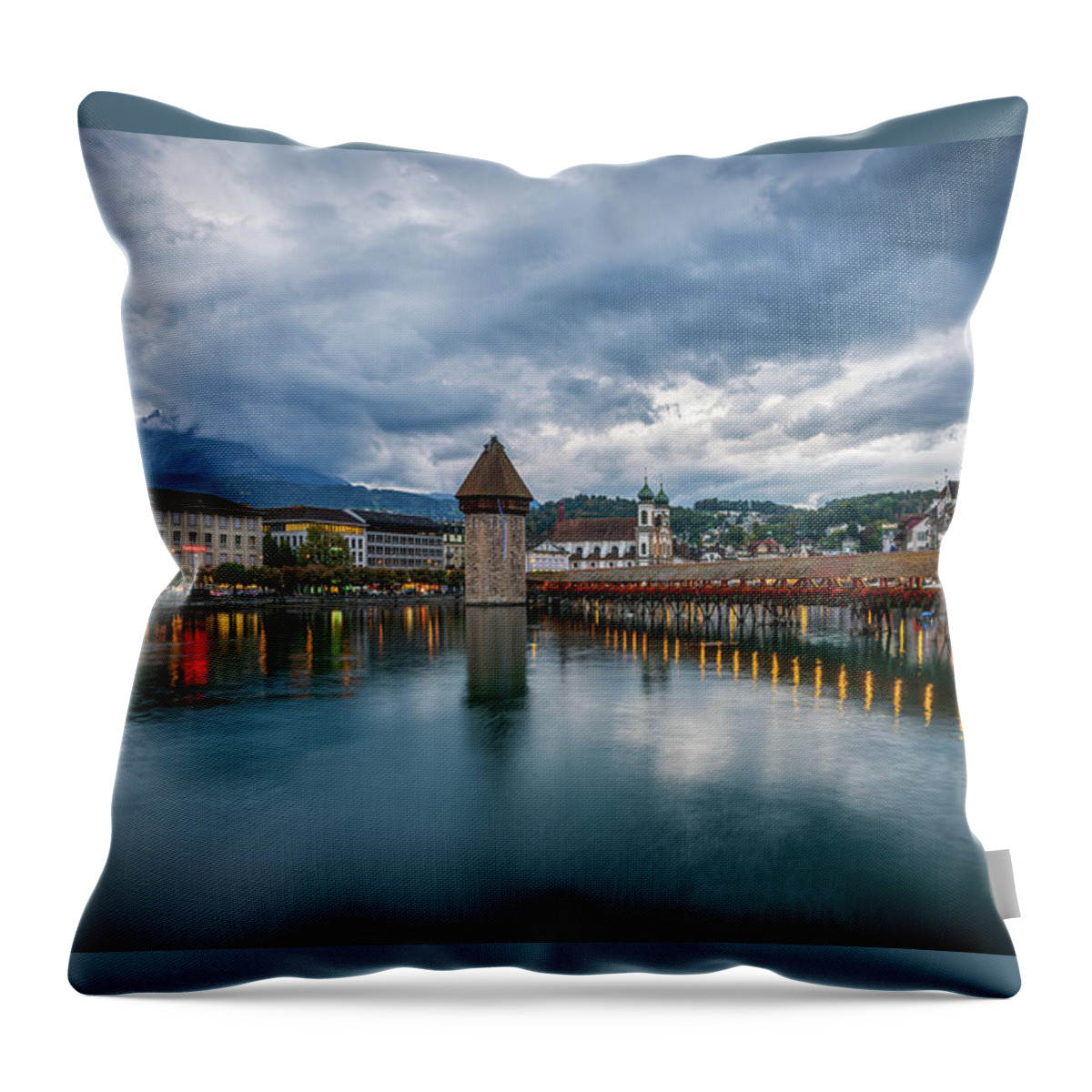 City Throw Pillow featuring the digital art Evening at the Chapell Bridge by Kevin McClish
