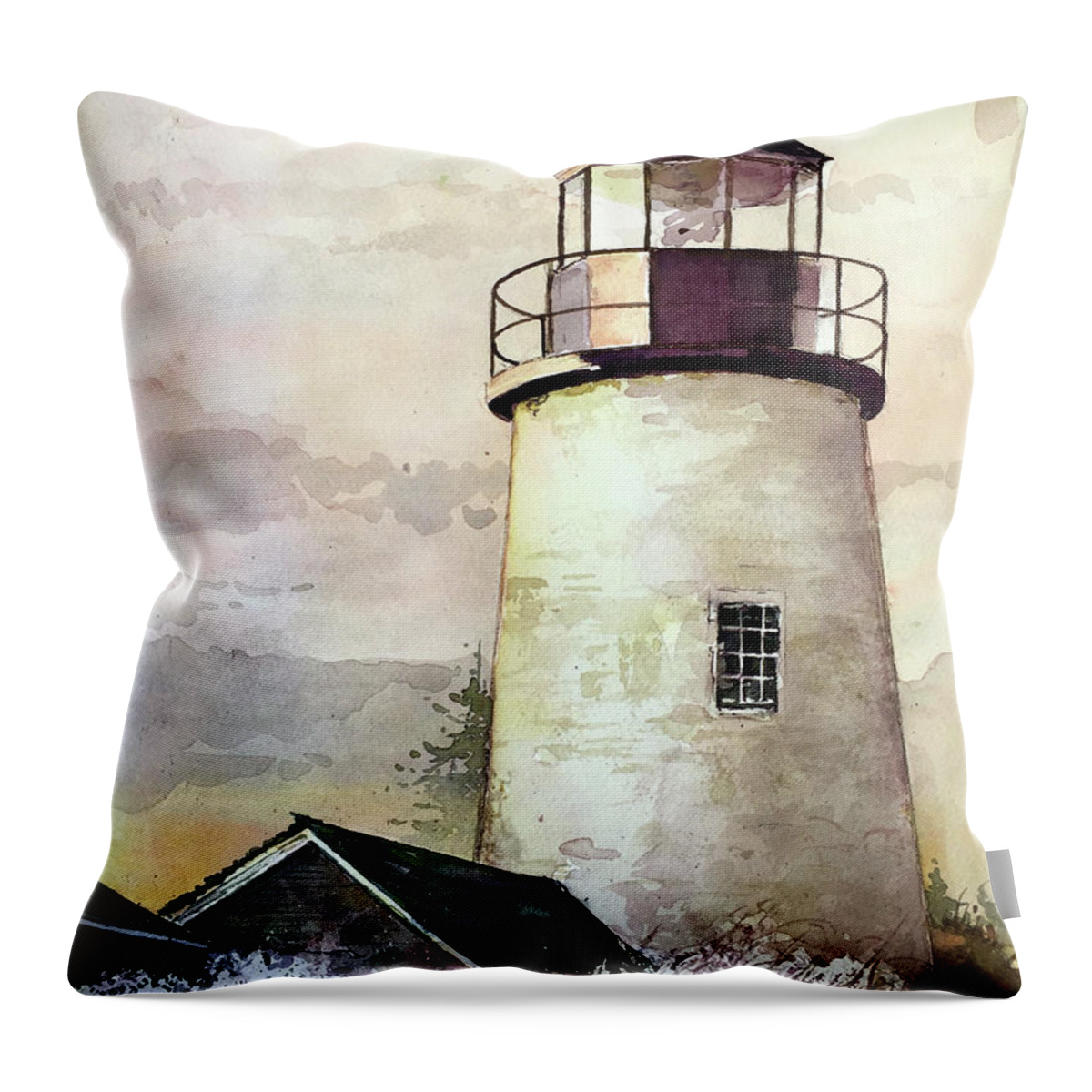 Sunset At The Pemaquid Point Lighthouse In Maine. Throw Pillow featuring the painting Evening At The Light by Monte Toon