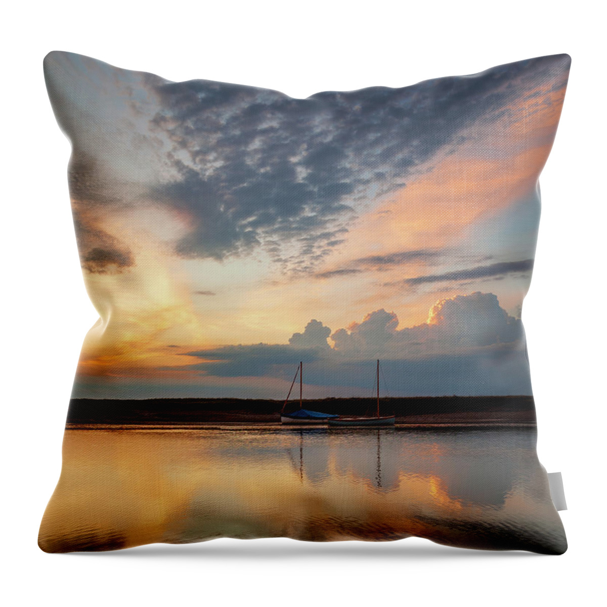 Burnham Overy Sunset Throw Pillow featuring the photograph Evening colour in the sky at Burnham Overy Staithe by David Powley