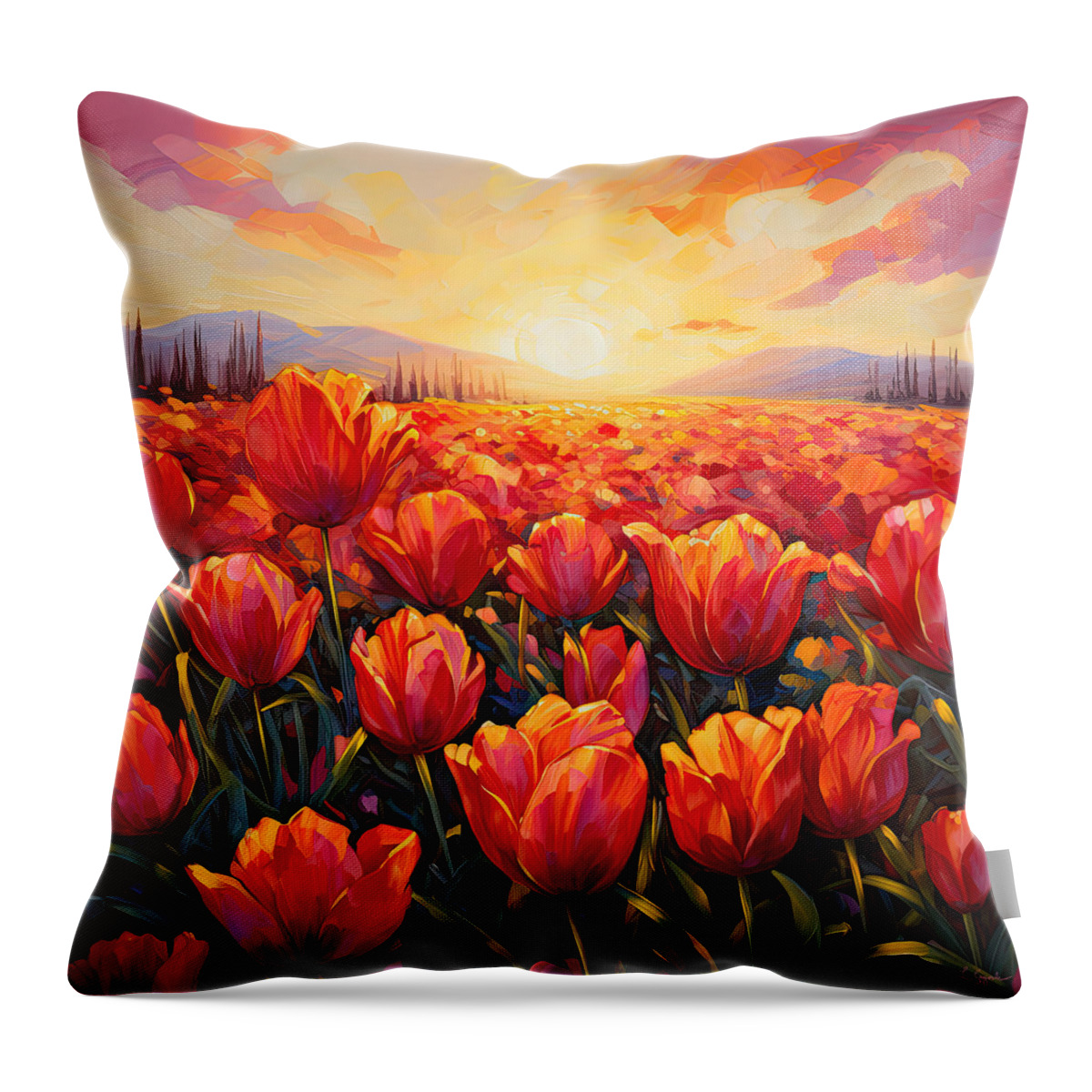Poppies Throw Pillow featuring the painting Evening Sun - Glowing Tuscan Field Paintings by Lourry Legarde
